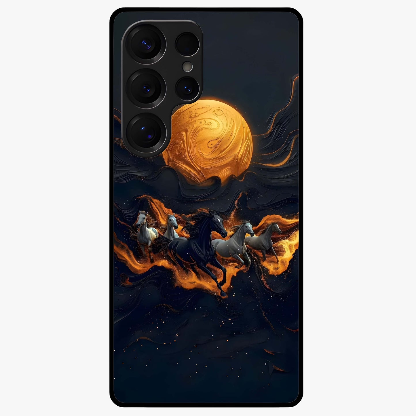 Golden Stallion Moonride Glass Case showing flat back view with majestic horse under moonlight artwork and glossy glass finish.