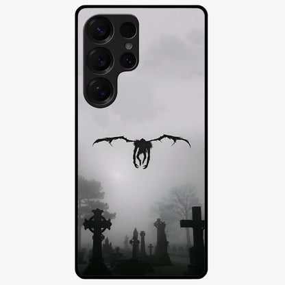 Graveyard Shadow Descent Glass Case showing flat back view with dark graveyard themed artwork and glossy glass finish.