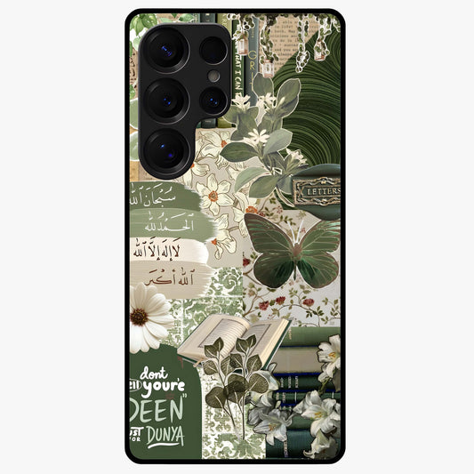 Green Islamic Books Quotes Glass Case showing flat back view with Islamic quotes and book themed artwork and glossy glass finish.