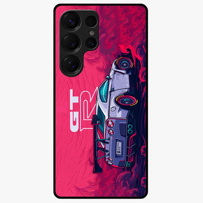 GT-R Car Pattern Glass Case showing flat back view with sporty car inspired pattern artwork and glossy glass finish.