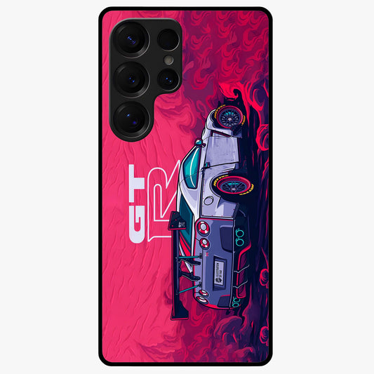 GT-R Car Pattern Glass Case showing flat back view with sporty car inspired pattern artwork and glossy glass finish.