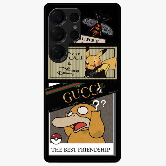 Gucci Play Mashup Glass Case showing flat back view with luxury inspired graphic artwork and glossy glass finish.