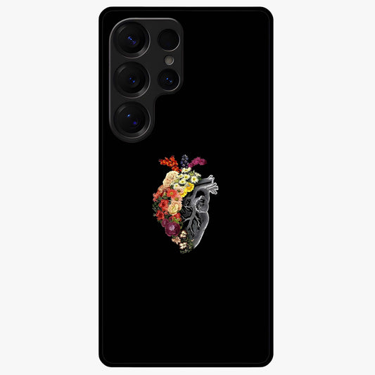 Heart With Flowers Glass Case showing flat back view with heart shaped floral artwork and glossy glass finish.