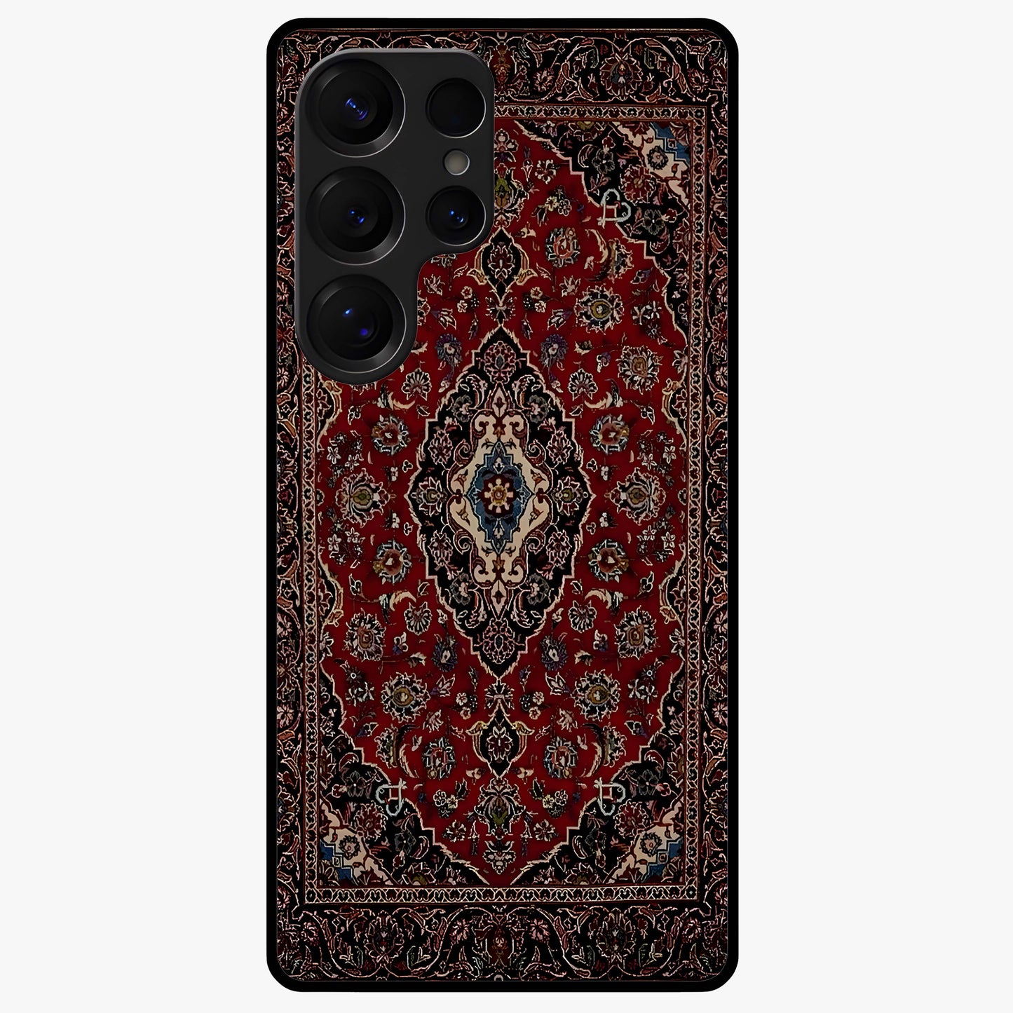 Heritage Carpet Royale Glass Case showing flat back view with ornate Persian carpet inspired pattern and glossy glass finish.