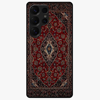 Heritage Carpet Royale Glass Case showing flat back view with ornate Persian carpet inspired pattern and glossy glass finish.