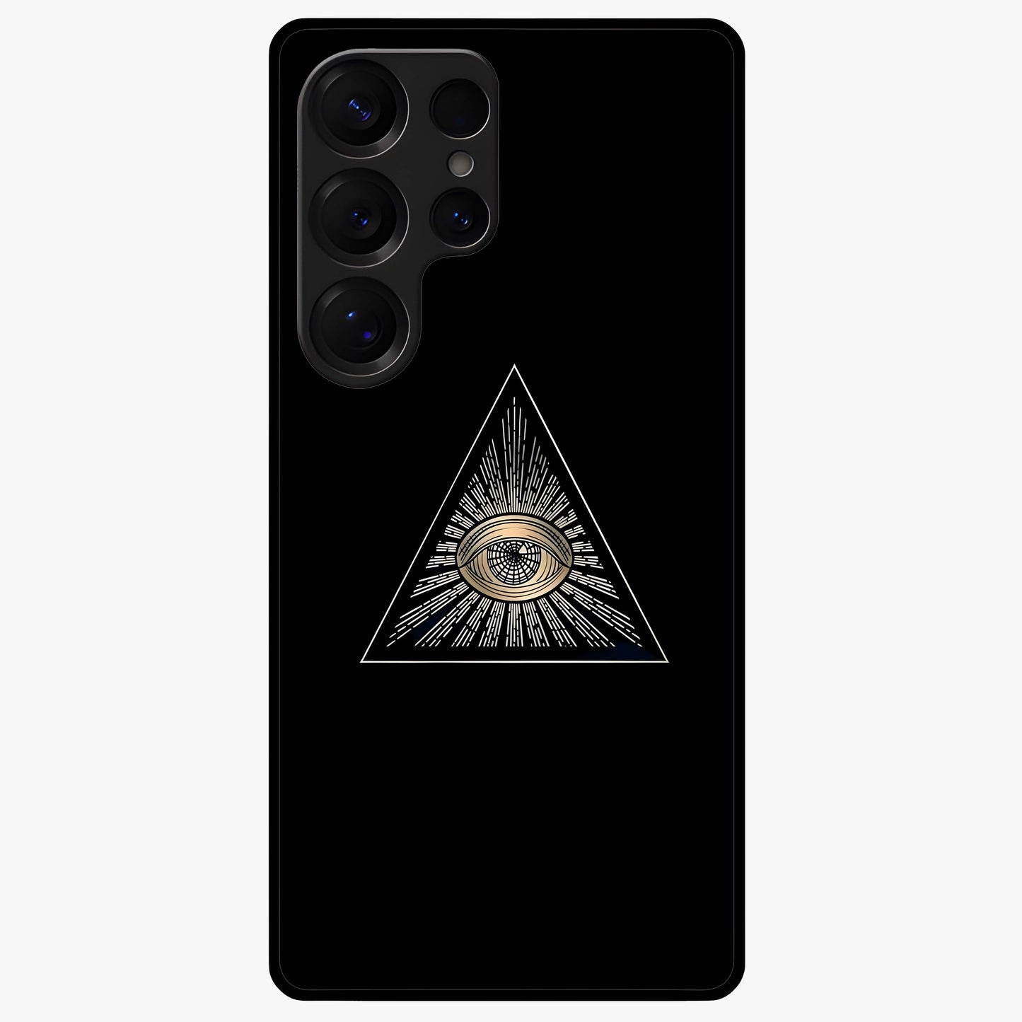 Illuminati Evil Glass Case showing flat back view with mysterious illuminati symbol artwork and glossy glass finish.