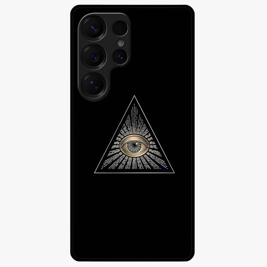 Illuminati Evil Glass Case showing flat back view with mysterious illuminati symbol artwork and glossy glass finish.
