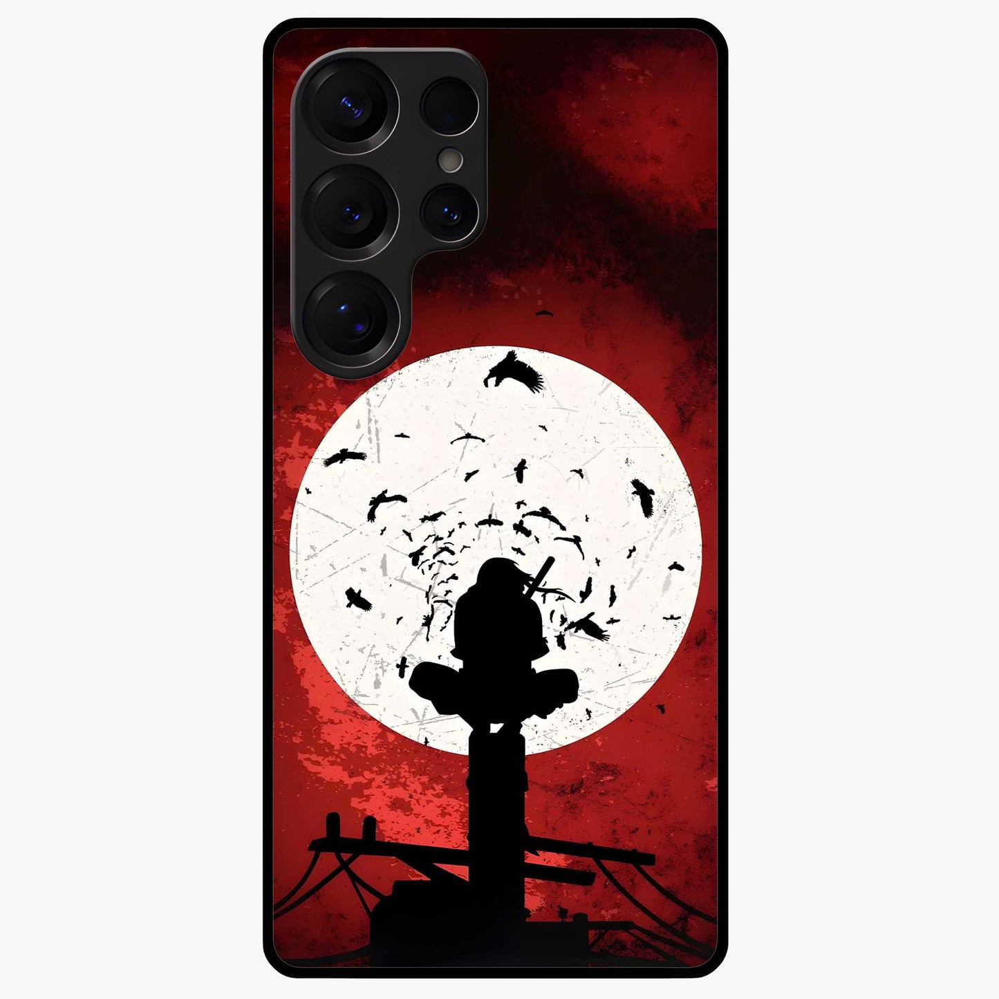 Itachi Sharingan Glass Case showing flat back view with powerful anime eye artwork and glossy glass finish.