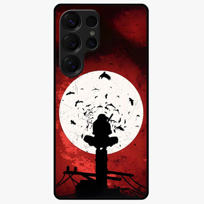 Itachi Sharingan Glass Case showing flat back view with powerful anime eye artwork and glossy glass finish.