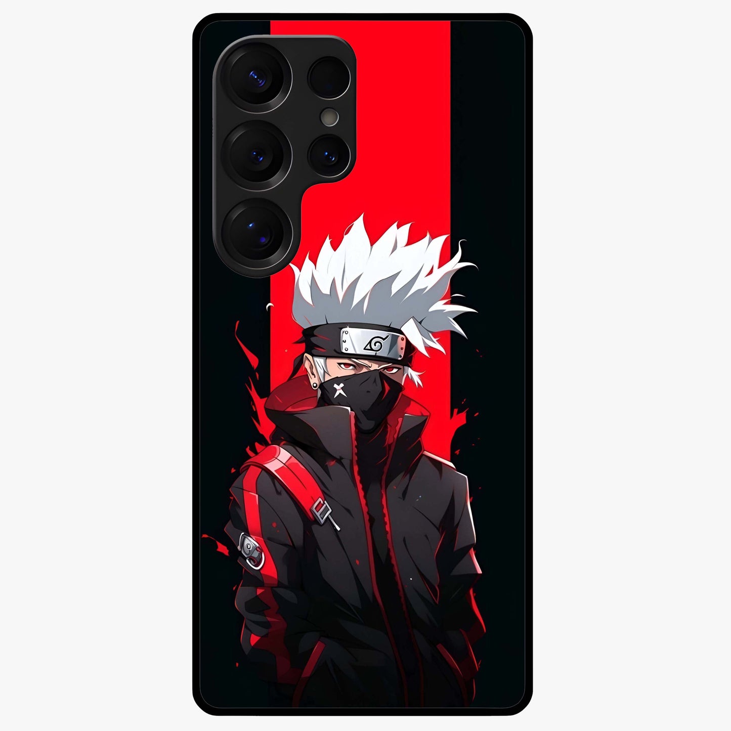 Kakashi Scarlet Shadow Glass Case showing flat back view with powerful anime ninja artwork and glossy glass finish.