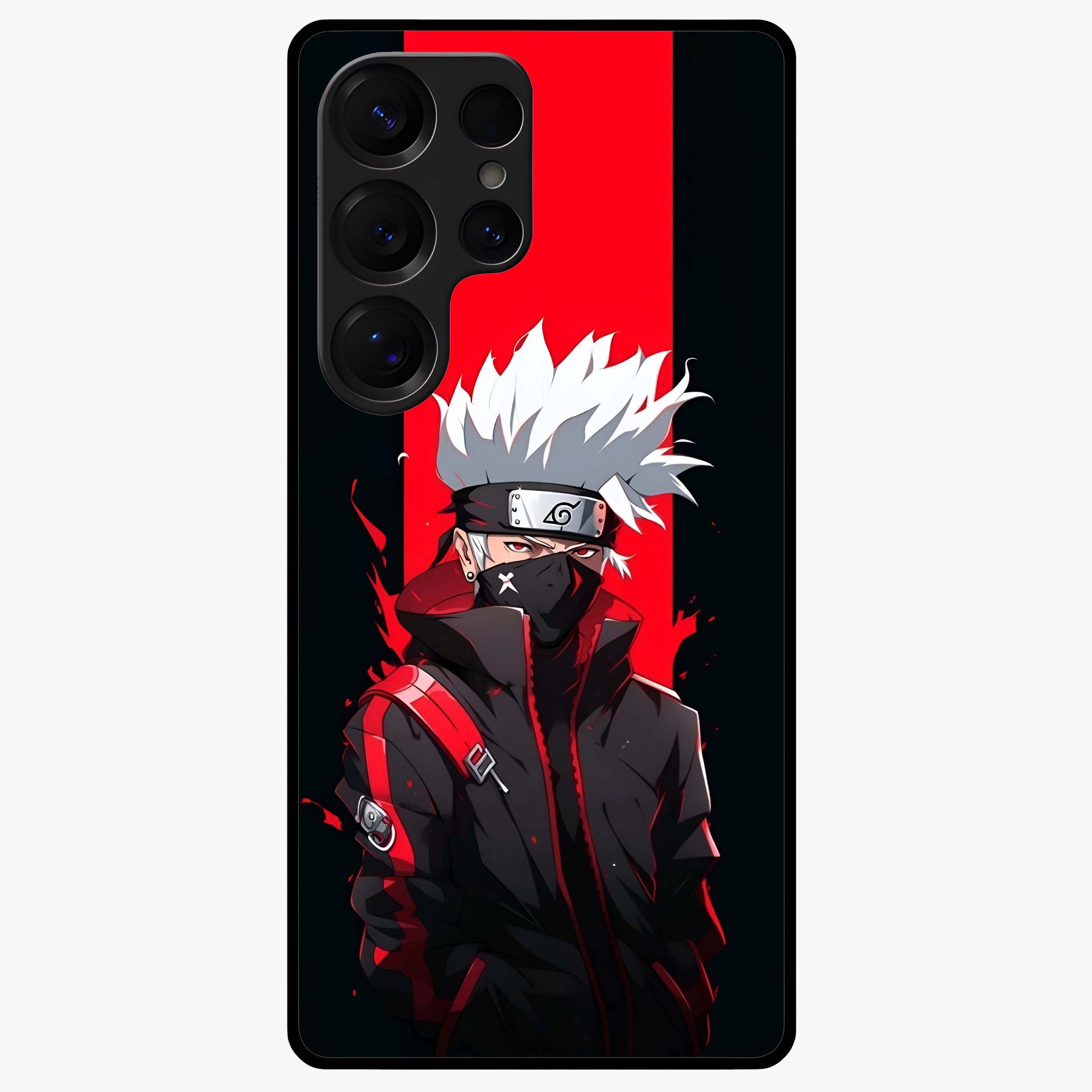 Kakashi Scarlet Shadow Glass Case showing flat back view with powerful anime ninja artwork and glossy glass finish.