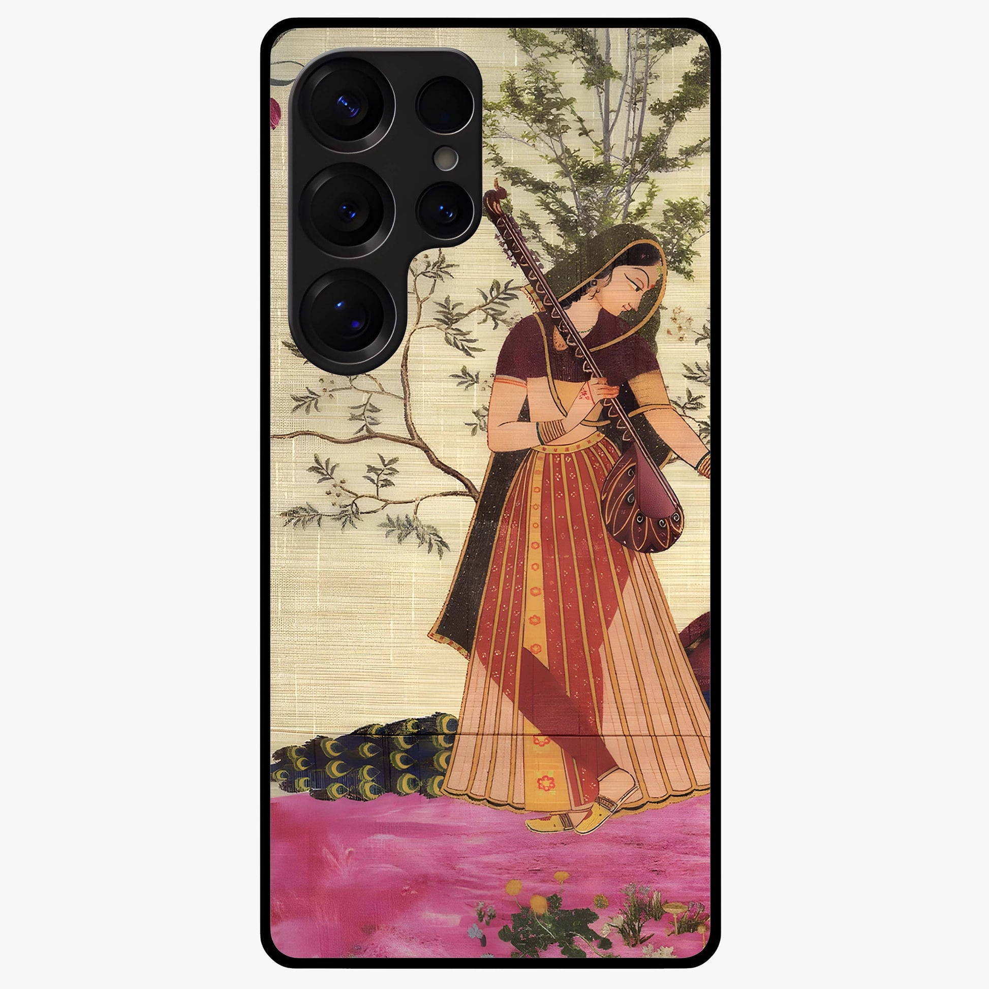 Lady With Veena Art Glass Case showing flat back view with elegant woman playing veena artwork and glossy glass finish.