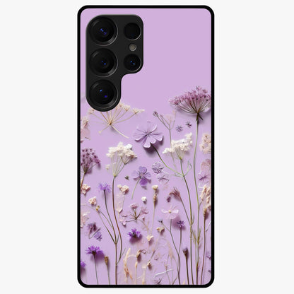 Lavender Blossom Dream Glass Case showing flat back view with soft lavender floral artwork and glossy glass finish.