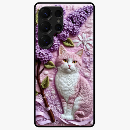 Lavender Cat Whimsy Glass Case showing flat back view with cute lavender cat artwork and glossy glass finish.