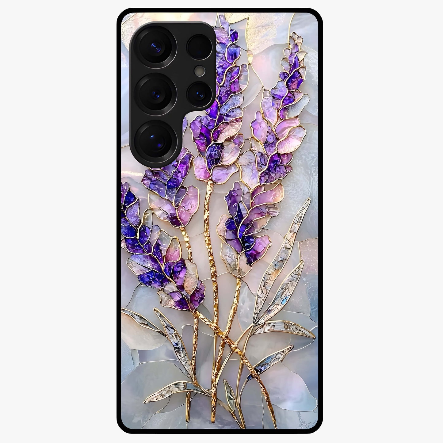 Lavender Dream Glow Glass Case showing flat back view with glowing lavender aesthetic artwork and glossy glass finish.