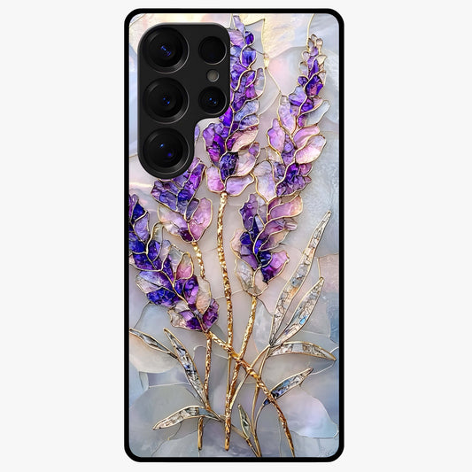 Lavender Dream Glow Glass Case showing flat back view with glowing lavender aesthetic artwork and glossy glass finish.
