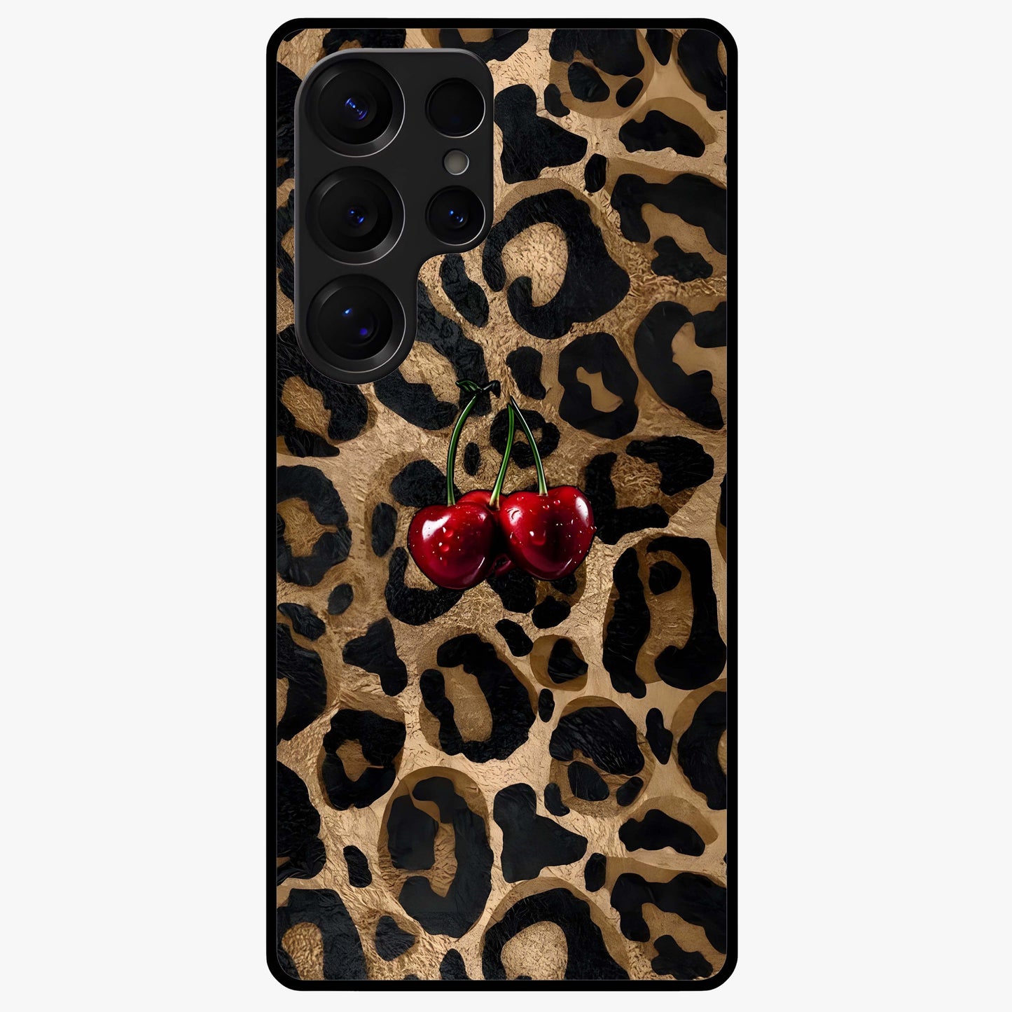 Leopard Wild Cherry Glass Case showing flat back view with leopard pattern and cherry artwork and glossy glass finish.