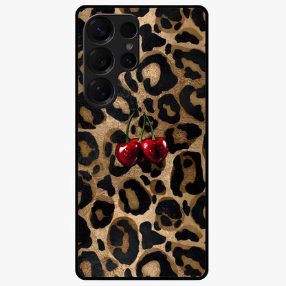 Leopard Wild Cherry Glass Case showing flat back view with leopard pattern and cherry artwork and glossy glass finish.