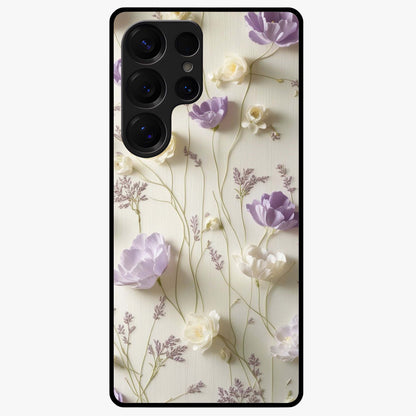Lilac Breeze Harmony Glass Case showing flat back view with soft lilac themed artwork and glossy glass finish.