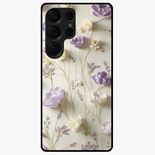 Lilac Breeze Harmony Glass Case showing flat back view with soft lilac themed artwork and glossy glass finish.