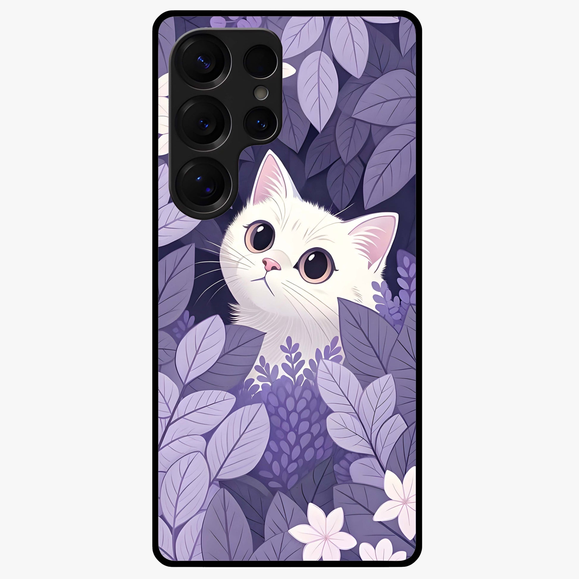 Lilac Hide Peek Cat Glass Case showing flat back view with cute peeking cat artwork and glossy glass finish.