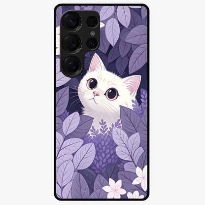 Lilac Hide Peek Cat Glass Case showing flat back view with cute peeking cat artwork and glossy glass finish.