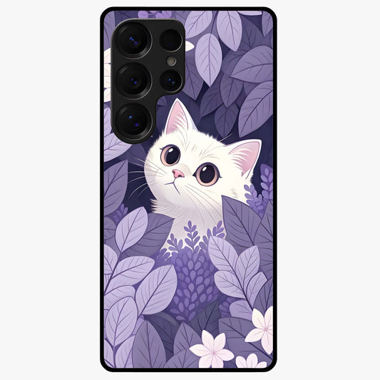 Lilac Hide Peek Cat Glass Case showing flat back view with cute peeking cat artwork and glossy glass finish.