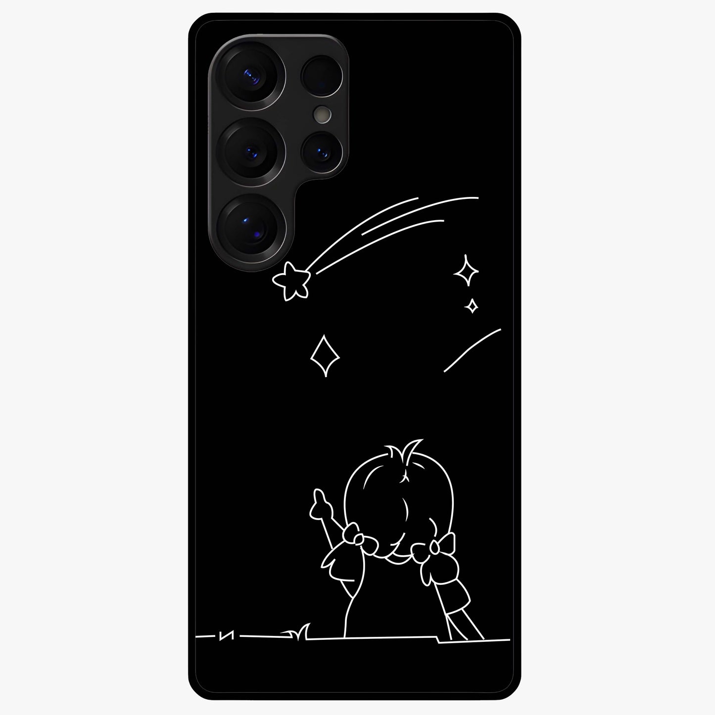 Line Art Girl With Shooting Stars Glass Case showing flat back view with minimal line art girl and shooting stars illustration and glossy glass finish.