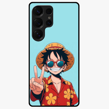 Luffy Summer Anime Vibe Glass Case showing flat back view with vibrant anime character artwork and glossy glass finish.