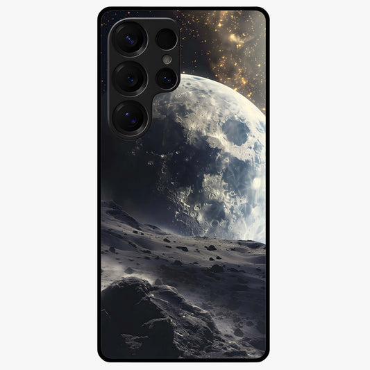Lunar Horizon Glow Glass Case showing flat back view with glowing moon horizon artwork and glossy glass finish.