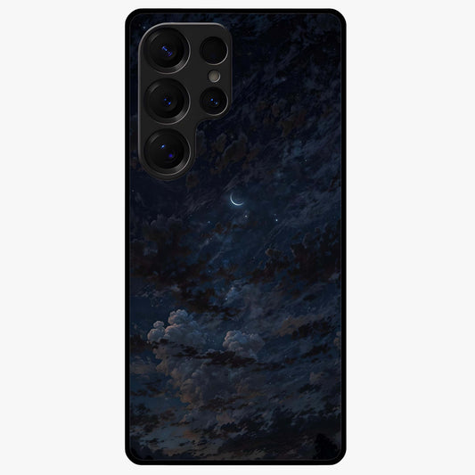 Lunar Veil Silence Glass Case showing flat back view with mystical moon veil artwork and glossy glass finish.