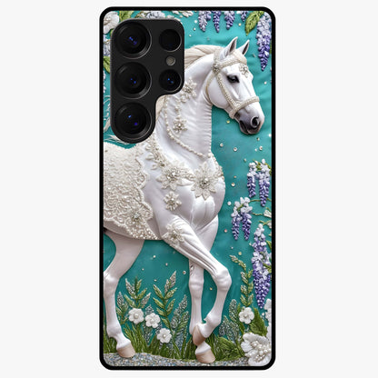Majestic Floral Stallion Glass Case showing flat back view with powerful horse and floral artwork and glossy glass finish.