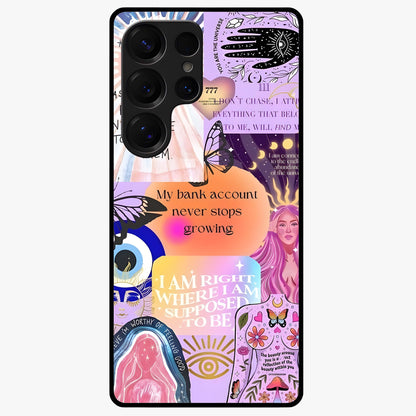 Manifestation Collage Glass Case showing flat back view with motivational collage artwork and glossy glass finish.