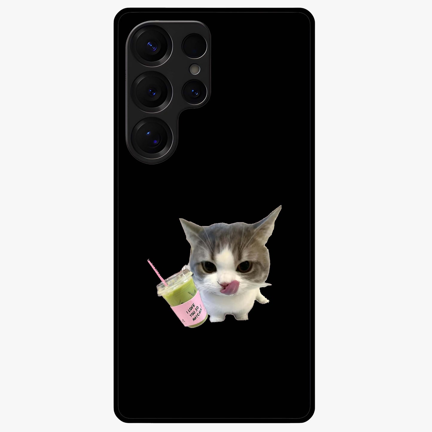 Matcha Cat Style Glass Case showing flat back view with cute matcha themed cat artwork and glossy glass finish.