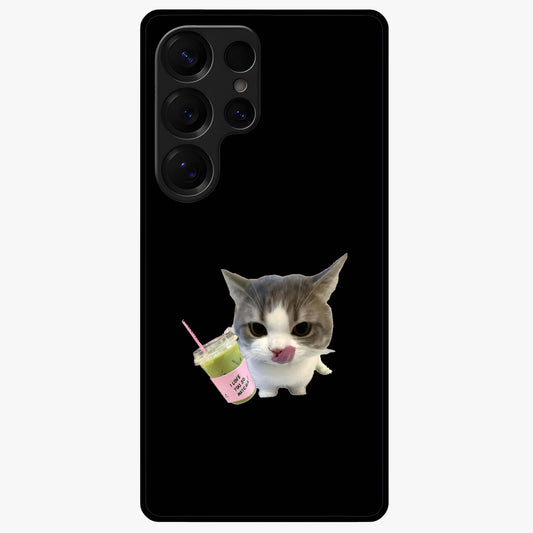 Matcha Cat Style Glass Case showing flat back view with cute matcha themed cat artwork and glossy glass finish.