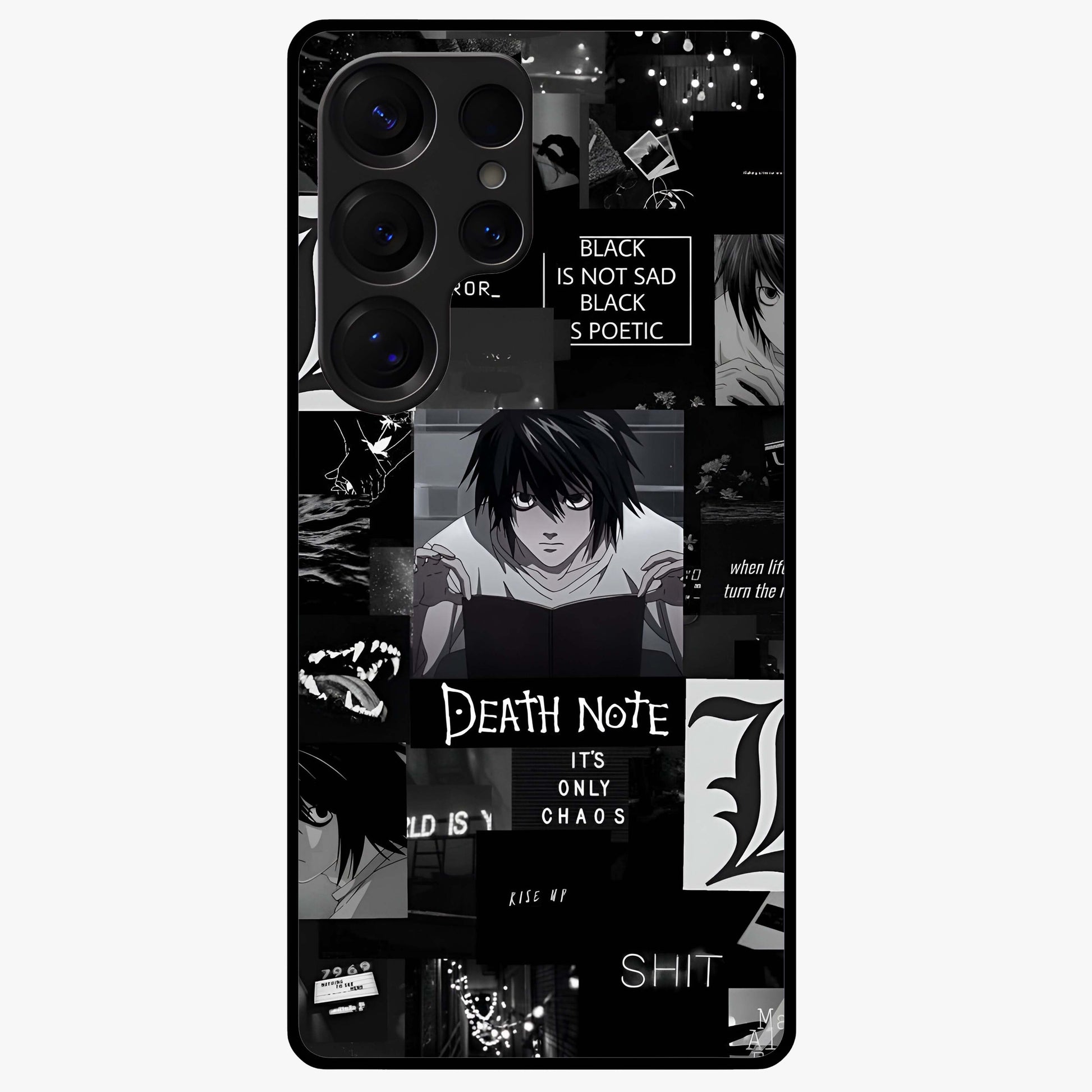 Midnight Chaos Mind Glass Case showing flat back view with abstract dark themed artwork and glossy glass finish.