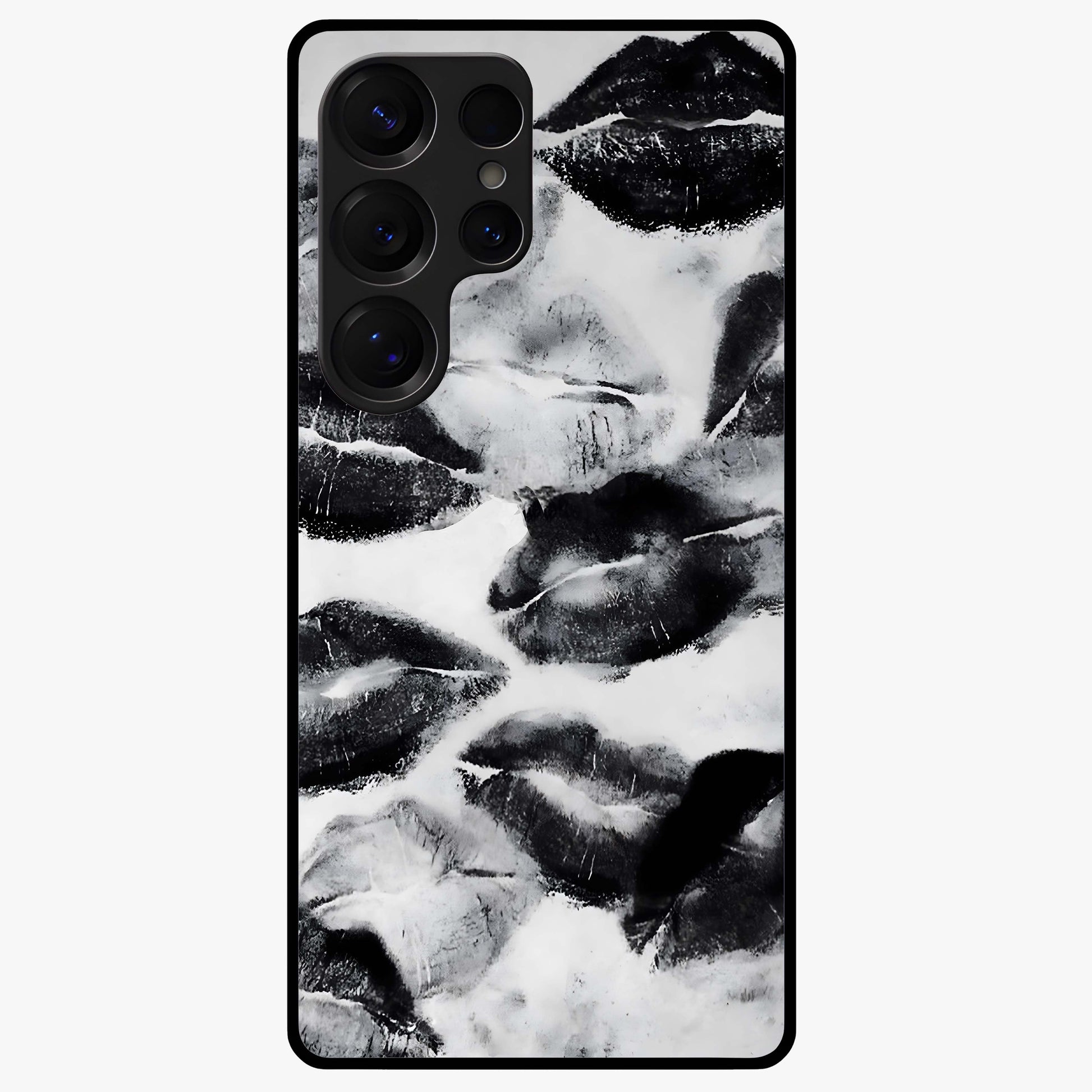 Midnight Kiss Marks Glass Case showing flat back view with lipstick kiss mark artwork and glossy glass finish.