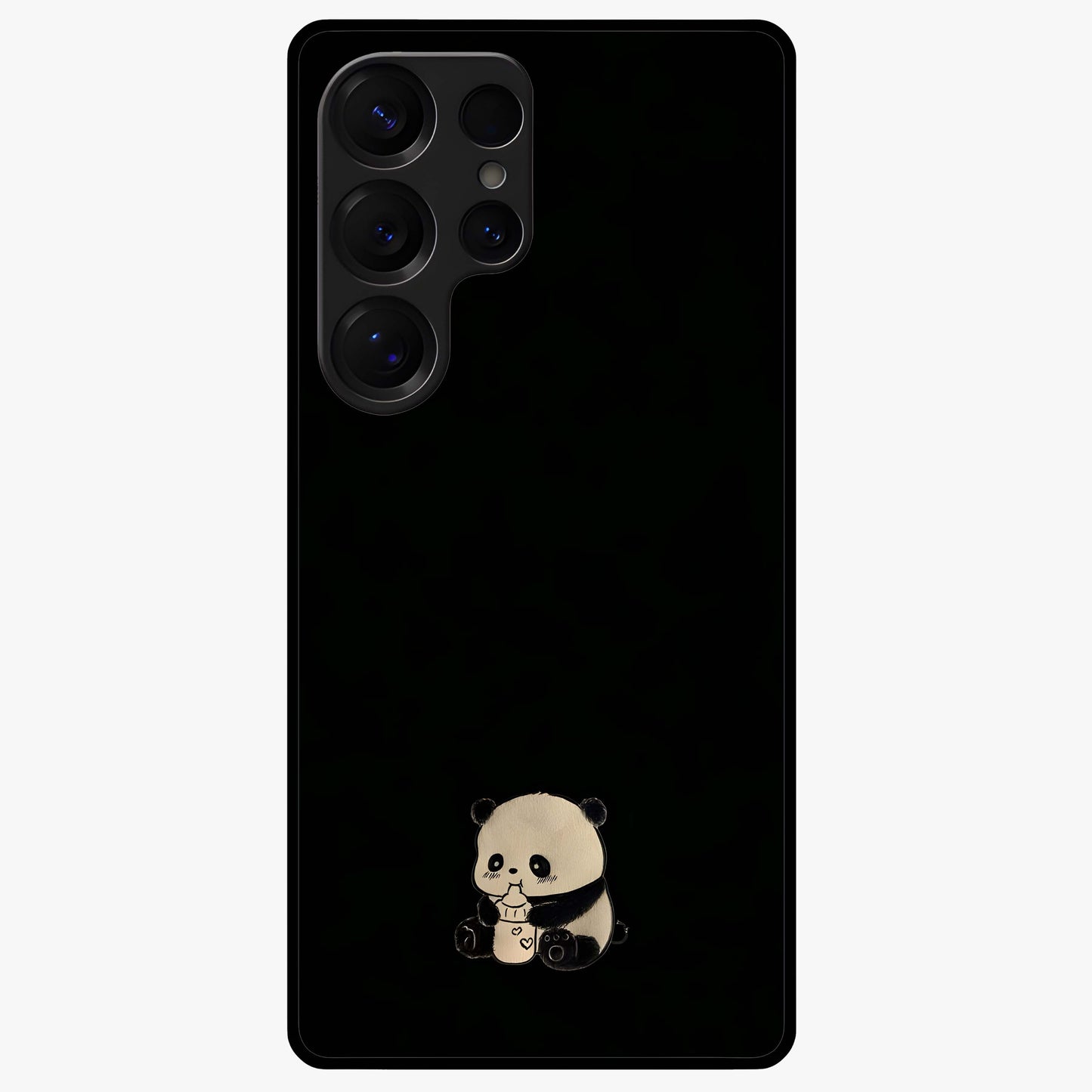 Midnight Panda Love Glass Case showing flat back view with cute panda themed artwork and glossy glass finish.