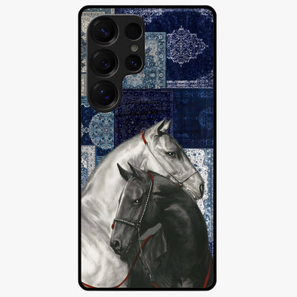 Midnight Stallion Blues Glass Case showing flat back view with majestic horse artwork and glossy glass finish.
