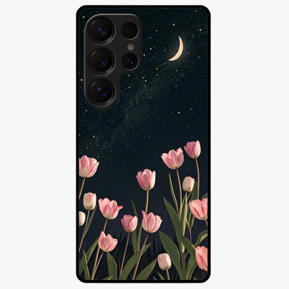 Midnight Tulip Whispers Vibe Glass Case showing flat back view with elegant tulip flower artwork and glossy glass finish.