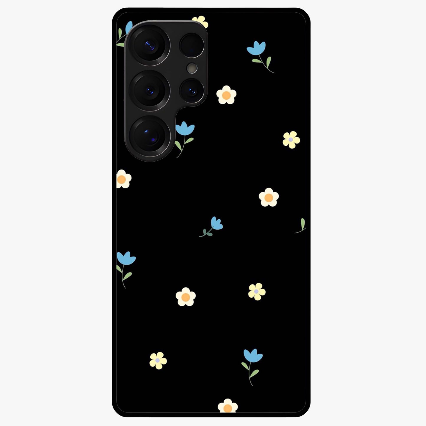 Minimalistic Blue With White Flower Pattern Glass Case showing flat back view with blue background and white flower pattern and glossy glass finish.