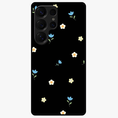 Minimalistic Blue With White Flower Pattern Glass Case showing flat back view with blue background and white flower pattern and glossy glass finish.