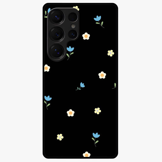 Minimalistic Blue With White Flower Pattern Glass Case showing flat back view with blue background and white flower pattern and glossy glass finish.