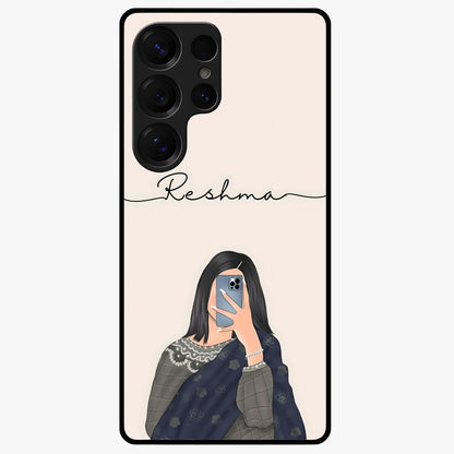 Mirror Mood Muse With Custom Name Glass Case showing flat back view with stylish mirrored artwork and personalized name design.