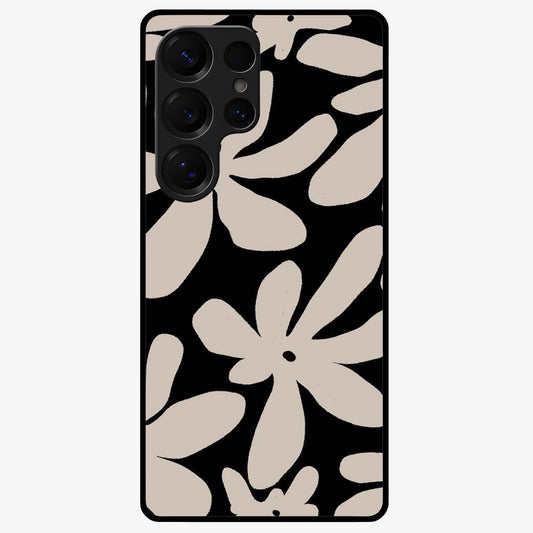 Monochrome Petal Dance Glass Case showing flat back view with monochrome floral artwork and glossy glass finish.