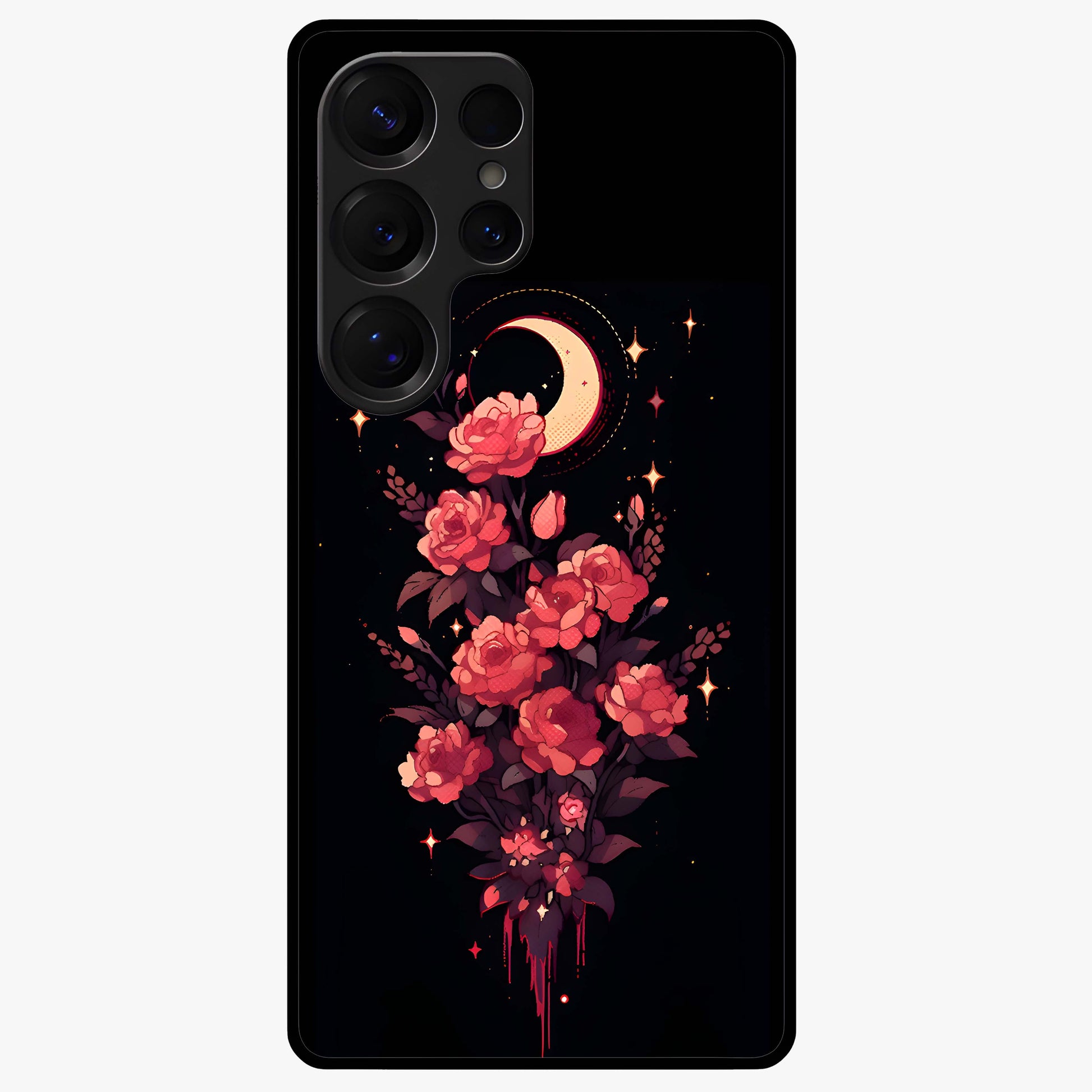 Moonlit Floral Elegance Glass Case showing flat back view with elegant floral artwork under moonlit tones and glossy glass finish.