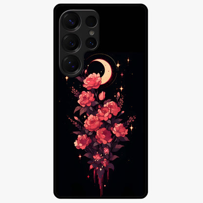 Moonlit Floral Elegance Glass Case showing flat back view with elegant floral artwork under moonlit tones and glossy glass finish.