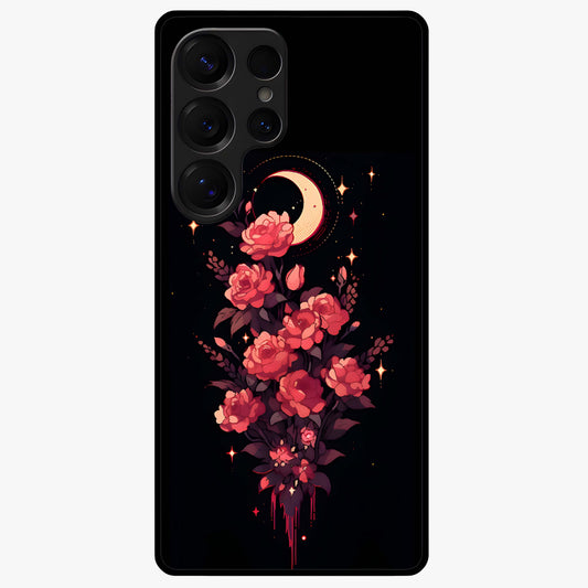 Moonlit Floral Elegance Glass Case showing flat back view with elegant floral artwork under moonlit tones and glossy glass finish.