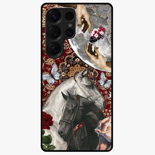 Moonlit Royal Stallion Glass Case showing flat back view with majestic horse under moonlight artwork and glossy glass finish.