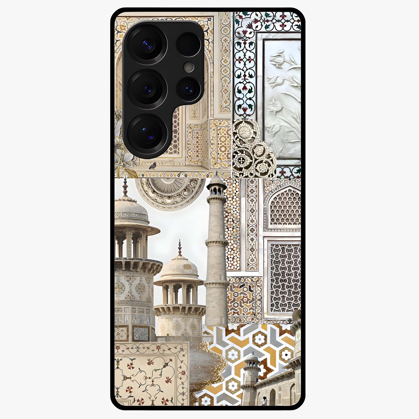 Mughal Marble Legacy Glass Case showing flat back view with intricate Mughal inspired marble pattern and glossy glass finish.